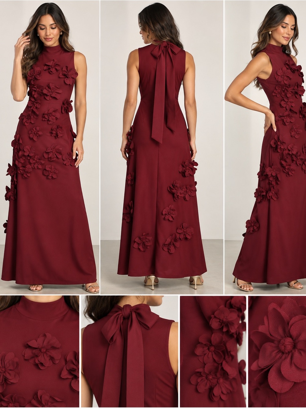 Ryanth Burgundy 3D Floral Maxi Dress Size 12 NWT Formal Evening Gown